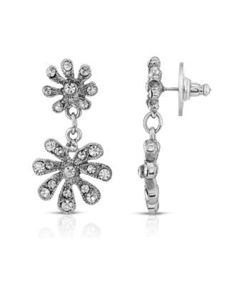 Silver-Tone Crystal Flower Drop Earrings