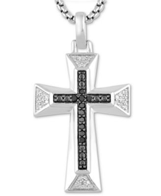 Men's Black & White Diamond Cross 22" Pendant Necklace (1/5 ct. t.w.) in Sterling Silver