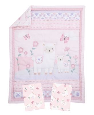 Infant Girl's Sweet Llama and Butterflies Mini Crib Bedding Set, 3 Piece