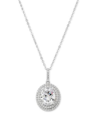 Cubic Zirconia Double Halo 18" Pendant Necklace in Sterling Silver