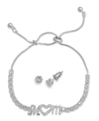 Silver Plated Cubic Zirconia Adjustable Mom Bracelet and Stud Earring Set