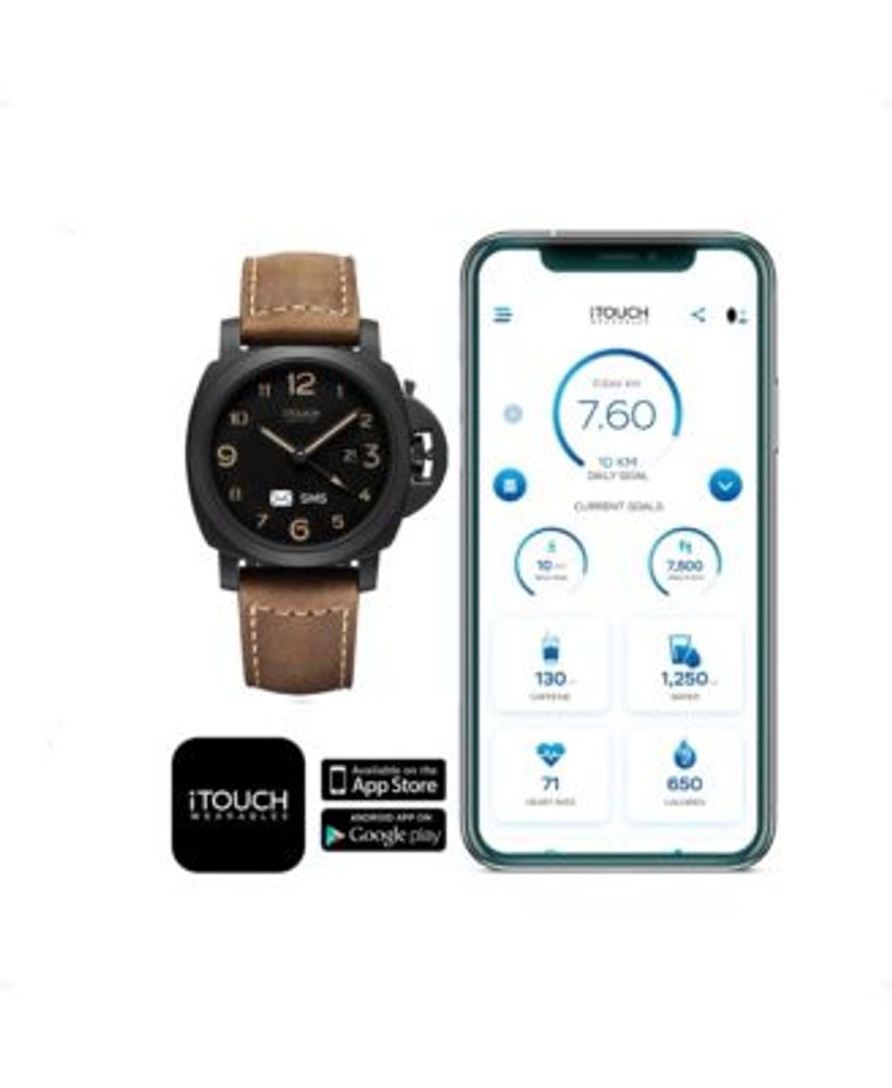 Connected Men's Hybrid Smartwatch Fitness Tracker: Black Case with Brown Leather Strap 44mm