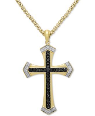 Men's Black & White Diamond Cross 22" Pendant Necklace (1/2 ct. t.w.) in 18k Gold-Plated Sterling Silver