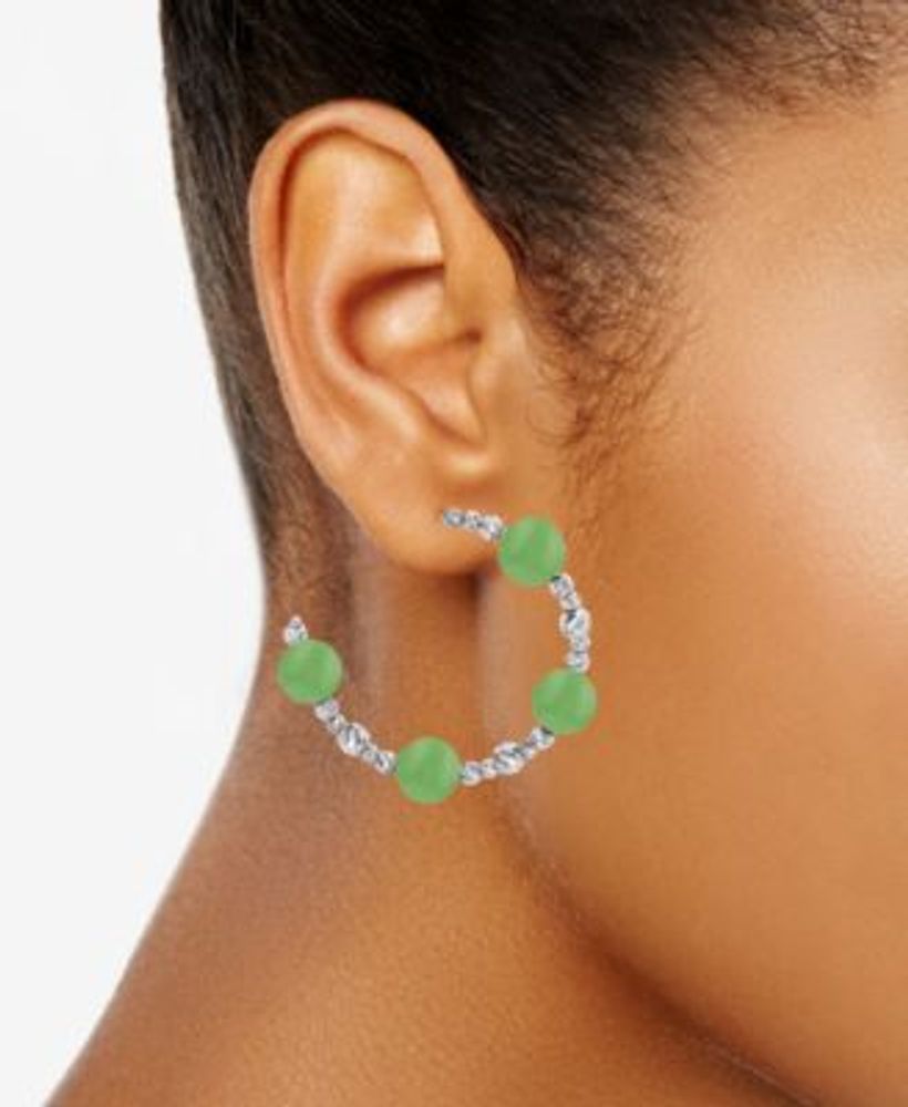 Dyed Green Jade Beaded (40mm) Hoop Earrings in Sterling Silver