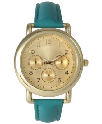 Women's Bold Case Gold-Tone Accented Teal Faux Leather Strap Watch 38mm