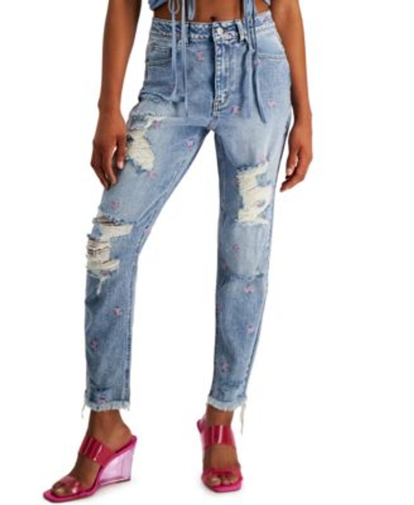 Tinseltown Juniors' Printed Frayed-Hem Destructed Mom Jeans | Connecticut  Post Mall