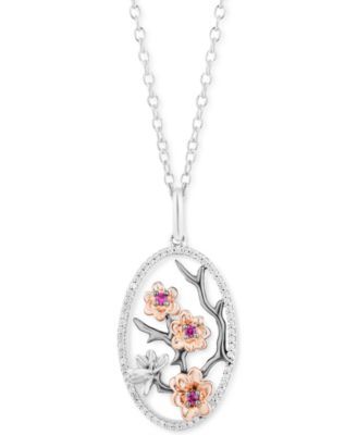 Rhodolite Garnet (1/20 ct. t.w.) & Diamond (1/6 ct. t.w.) Mulan Flower Pendant Necklace in Sterling Silver & 14k Rose Gold, 16" + 2" extender