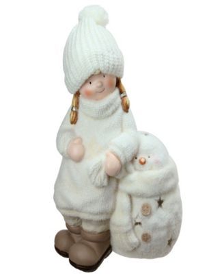 17.25" Tea Light Snowman with Standing Girl Christmas Candle Holder