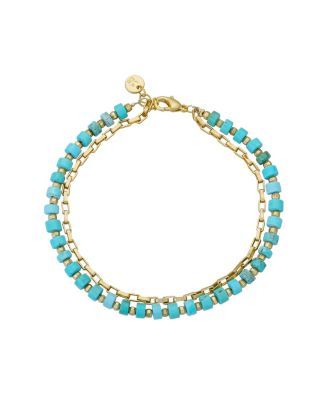 14K Gold Flash Plated Reconstituted Turquoise Paperlink Chain Double Bracelet