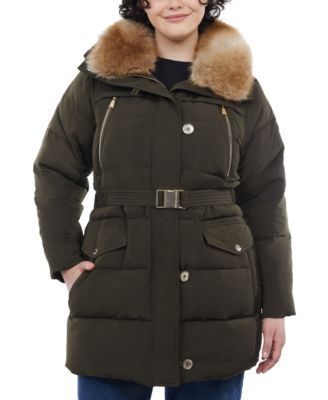 Women's Plus Belted Faux-Fur-Collar Down Puffer Coat, Created for Macy's