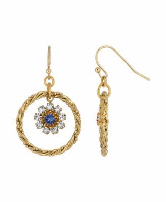 Women's Gold-tone Blue Crystal Flower Drop Hoop Earrings
