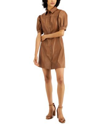 Juniors' Faux-Leather Puff-Sleeve Button-Down Pleated Dress