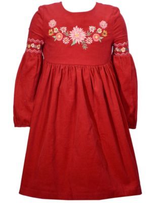 Little Girls Long Sleeved Embroidered Corduroy Dress with Novelty Sleeve