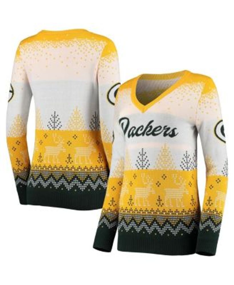 Women's White Green Bay Packers Ugly V-Neck Pullover Sweater