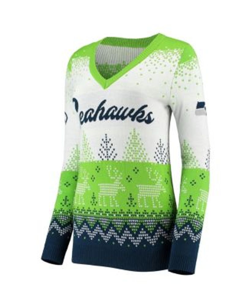 Women's White, College Navy Seattle Seahawks Ugly V-Neck Pullover Sweater