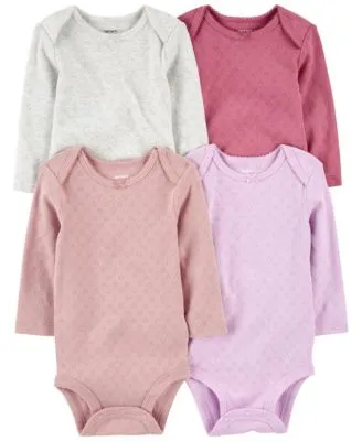 Baby Girls Long Sleeved Pointelle Cotton Bodysuits, Pack of 4