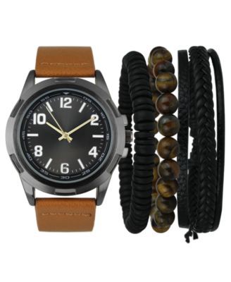 Men's Brown Strap Watch 49mm Gift Set, Created for Macy's