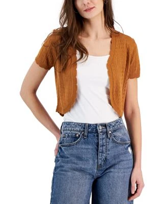 Juniors' Short Sleeve Pointelle Cardigan Sweater