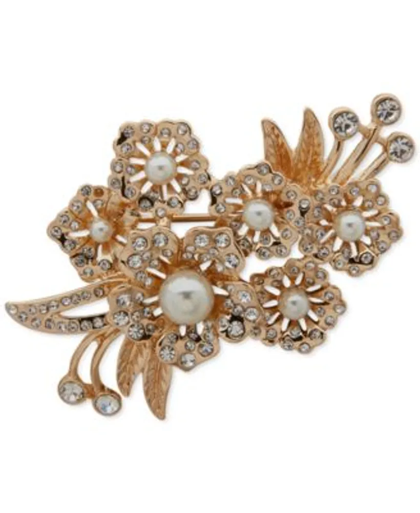 Anne Klein Gold-Tone Crystal & Imitation Pearl Flower Cluster Pin