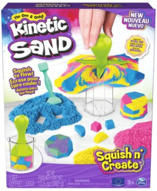 Kinetic Sand Squish N Create with Blue, Yellow, and Pink Play Sand, 5 Tools