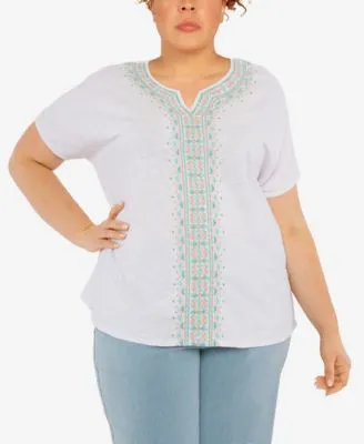 Plus Coconut Grove Center Geo Embroidery Short Sleeve Top