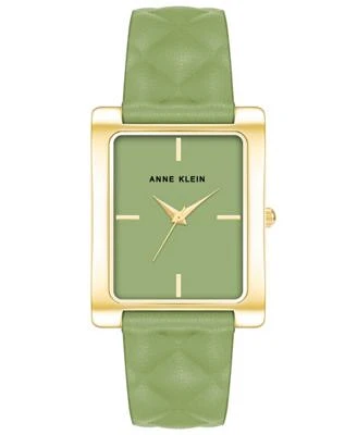 Women's Three Hand Quartz Rectangular Gold-Tone Alloy and Green Genuine Leather Strap Watch, 32mm