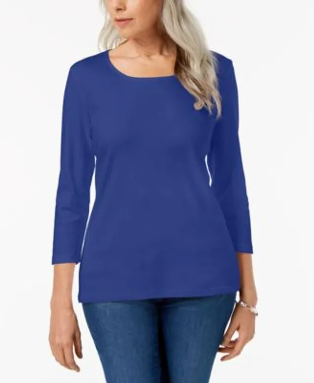 Karen Scott Petite 3/4 Sleeve Cotton Scoop-Neck Top, Created for Macy's - Bright White - Size P/L