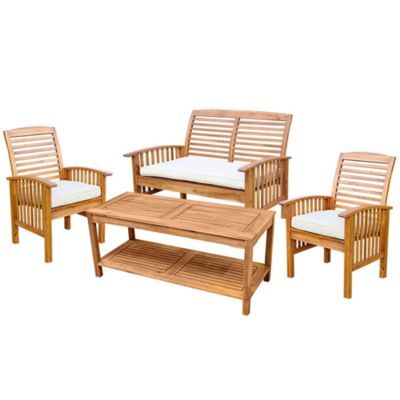 4-Piece Acacia Wood Outdoor Patio Conversation Set with Cushions - Brown