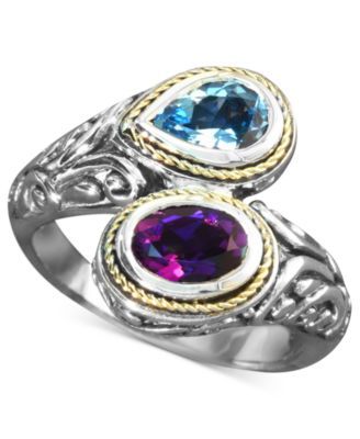 Balissima by EFFY® Blue Topaz (3/4 ct. t.w.) and Amethyst Bypass Ring Sterling Silver 18k Gold