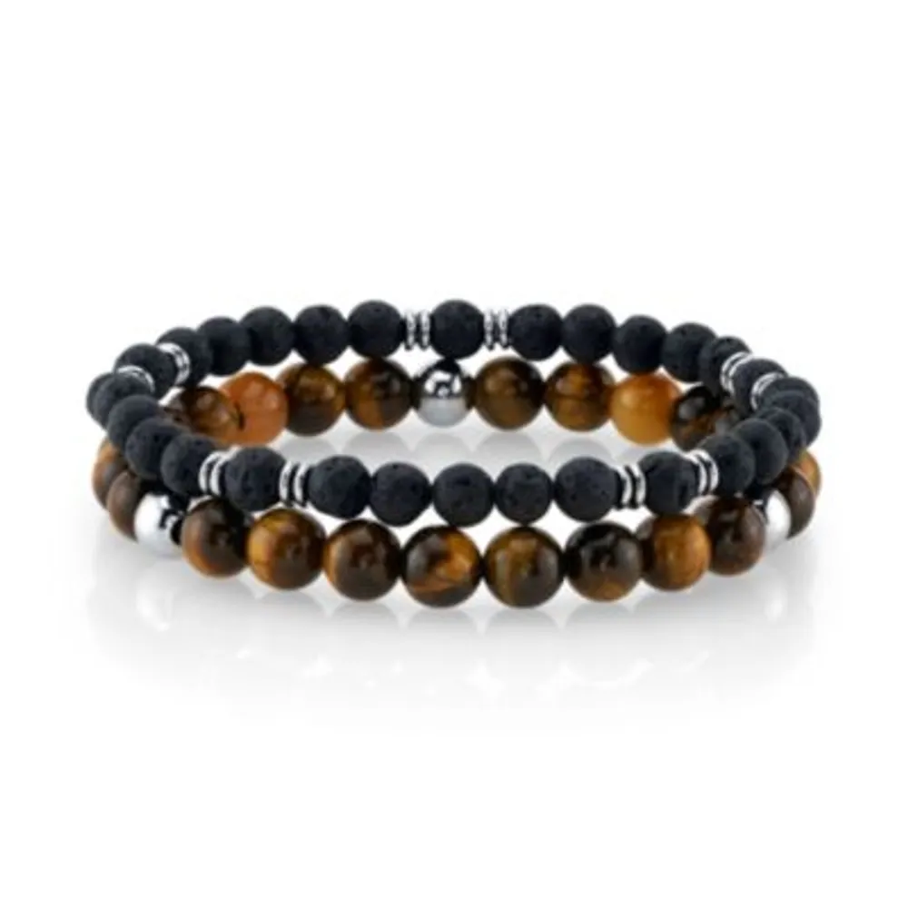 Men's Tiger's Eye Quartz Beaded Bolo Bracelet Stainless Steel