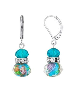 Silver Tone Aqua Blue Pink Floral Beaded Drop Wire Earring