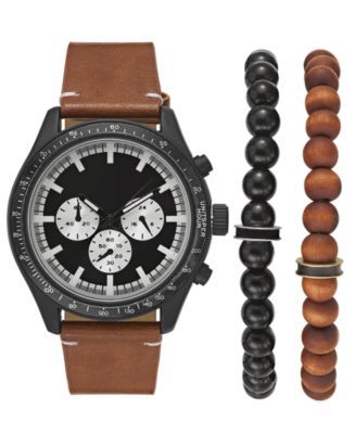 Men's Brown Leather Strap Watch 48mm Gift Set, Created for Macy's