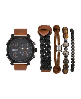 Men's Quartz Dial Brown Leather Strap Watch, 48mm and Assorted Stackable Bracelets Gift Set, Set of 5