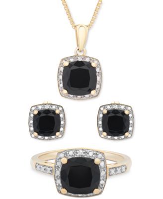 3-Pc. Set Onyx & Diamond Accent Pendant Necklace, Ring and Stud Earrings 14k Gold-Plated Sterling Silver (Also Available Silver)