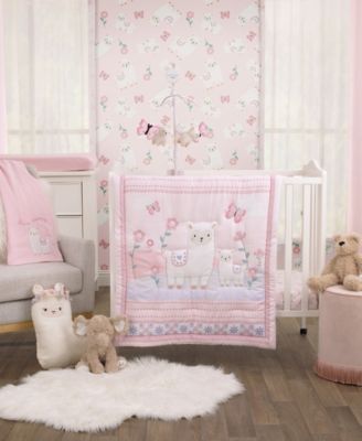 Infant Girl's Sweet Llama and Butterflies Mini Crib Bedding Set, 3 Piece