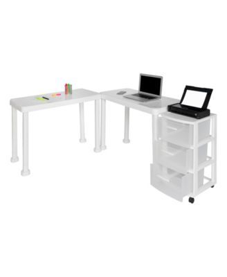 3 Piece Resin Multi-Desk Set with Rolling Storage Cart