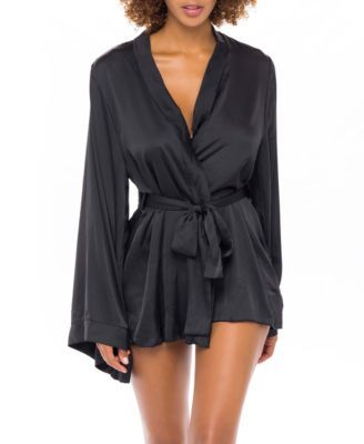 Women's Short Polyester Charmeuse Lingerie Robe with Wide Sleeves and A Tie Belt