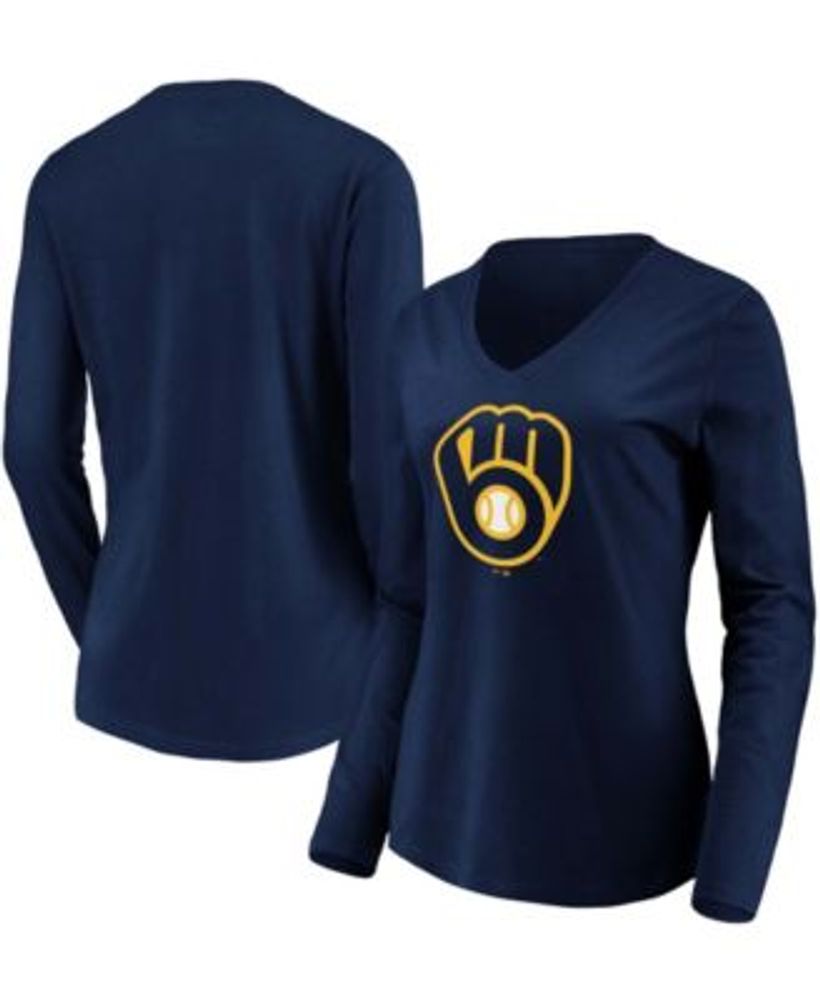 Fanatics Women's Navy Milwaukee Brewers Official Logo Long Sleeve V-Neck T- shirt