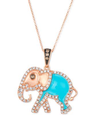 Turquoise Enamel & Diamond (5/8 ct. t.w.) 18" Elephant Pendant Necklace in 14k Rose Gold
