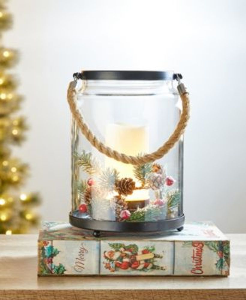 Christmas Greenery Glass Lantern, 8.5"