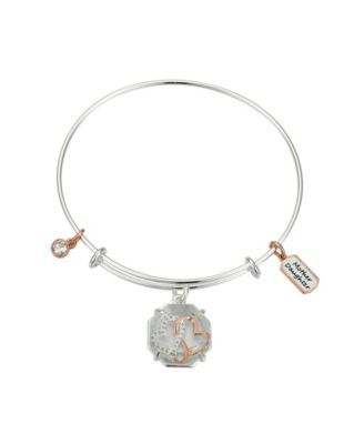 Mother Daughter Hearts Cubic Zirconia Adjustable Bangle Bracelet In Stainless Steel and Gold Flash Plated Charms