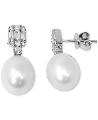 Cultured Freshwater Pearl (10mm) & Cubic Zirconia Baguette Cluster Stud Earrings in Sterling Silver