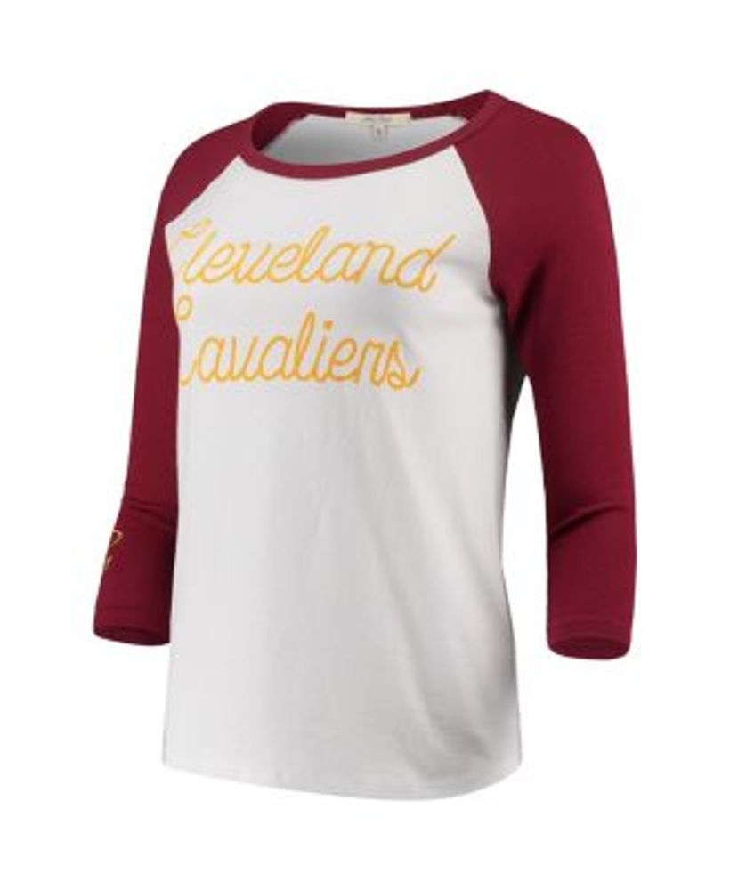 Women's White Cleveland Cavaliers Stitch Script Three-Quarter Sleeve Raglan T-shirt