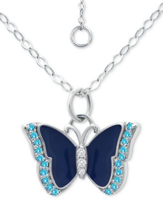 Cubic Zirconia & Blue Enamel Butterfly Pendant Necklace in Sterling Silver, 16" + 2" extender, Created for Macy's