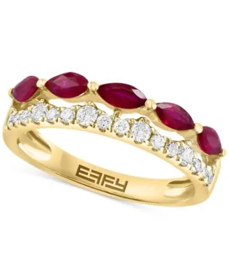 Two Row Diamond & Ruby Band Ring 14K Yellow Gold