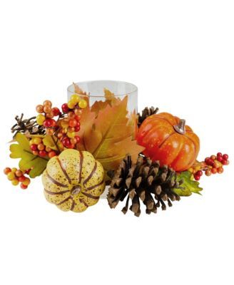 Pumpkin Berry and Pine Cone Fall Harvest Tea Light Candle Holder, 10"