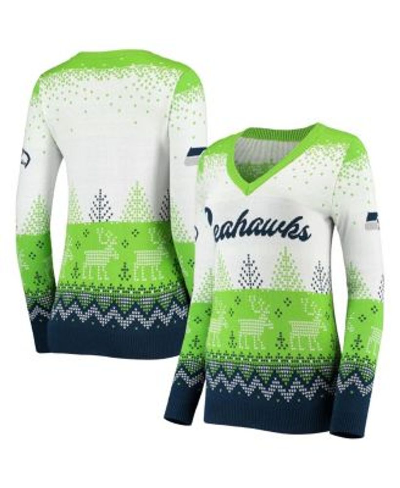 Women's White, College Navy Seattle Seahawks Ugly V-Neck Pullover Sweater
