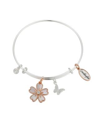 14K Gold Flash-Plated Mother of Pearl Inlay "Granddaughter" Flower Charms, Stainless Steel Bangle