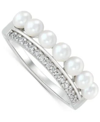 Cultured Freshwater Button Pearl (3 - 3-1/2mm) & Cubic Zirconia Double Row Ring in Sterling Silver