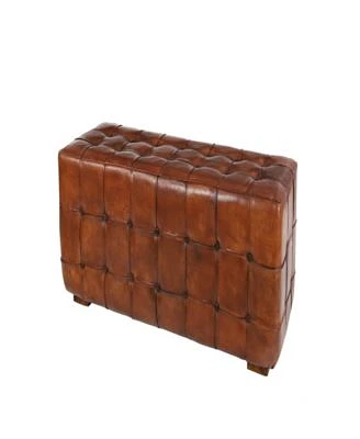 Teak Wood Tufted Upholstered Leather Bench, 48" x 18" x 20"